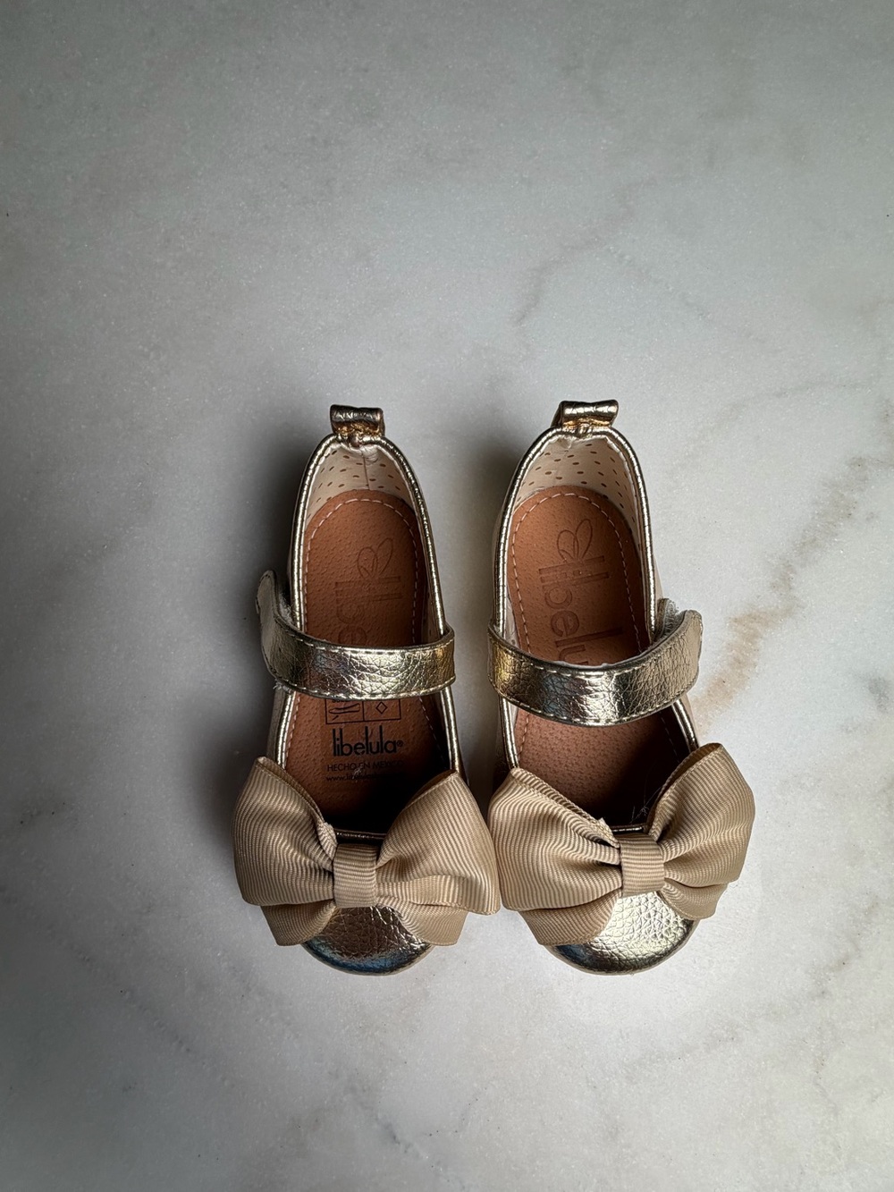 Gold Kids Mary Jane Dress Shoes with Beige Bow